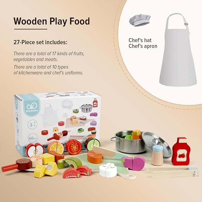Wooden Play Food Set for Toddlers,Cutting Food for Preschool Activities, Pretend Play Kitchen Accessories for Kids, Fake Food Kitchen Toys for Boys & Girls