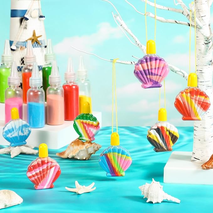 Relaxgiant 37 Pcs Shell Shaped Sand Art Bottle Necklace Kits Include Plastic Sand Art Bottles Necklace, 12 Colored Art Sand, Mini Plastic Funnels for DIY Art Class Crafts Supplies