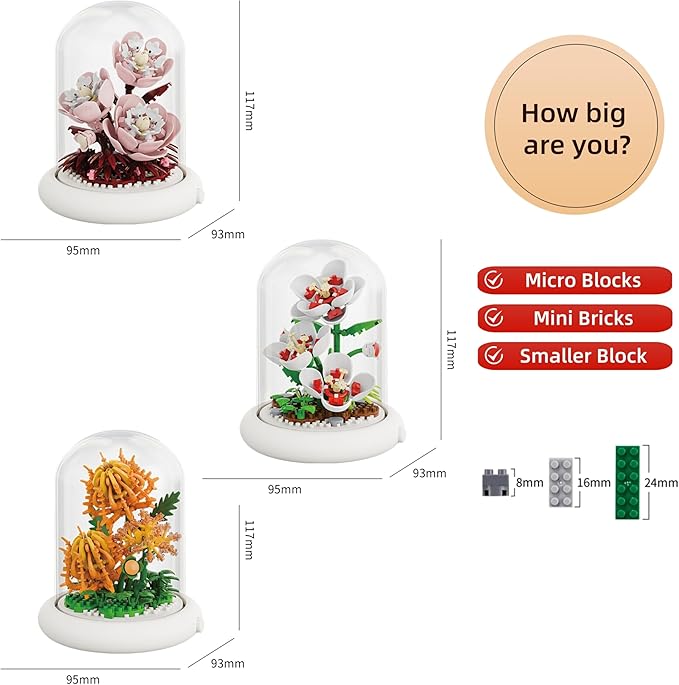 Creative Botanical Micro Blocks with Light Set - 550PCS Artificial Chrysanthemum, Peony and Hibiscus, Perfect DIY Gift for Adults, Teens and Flower Lovers