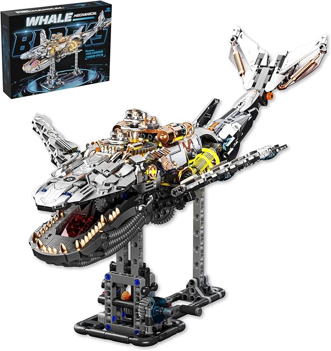 Mechanical Whale Building Set, Sea Animal Building Block Toy, Movable Ocean Animal with Display Stand, Home Decor Gift for Adults Teens Kids Boys（1388PCS）