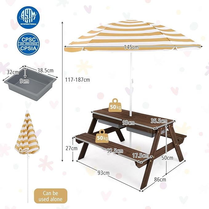 HONEY JOY Kids Picnic Table, 4 in 1 Cedar Wooden Sand & Water Table w/ 3 Removable Box & Umbrella, Kids Picnic Tables for Outdoors Backyard Garden, Toddler Patio Furniture Set for Boys Girls(Walnut)