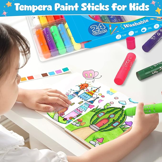 24 Colors Large Tempera Paint Sticks, Washable Paint Sticks for Toddlers, Ideal Kids Art and Craft Supplies for Painting and Coloring, Suitable for Paper, Canvas and Stone