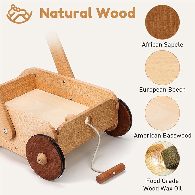 Woodtoe Wooden Baby Walker, Adjustable Speed Anti-Rollover Push Walker Toy for Babies Learning to Walk, Natural Wood Toddler Push and Pull Toys Wagon Birthday Toy for Boy Girl 1-3(Patent Protection)
