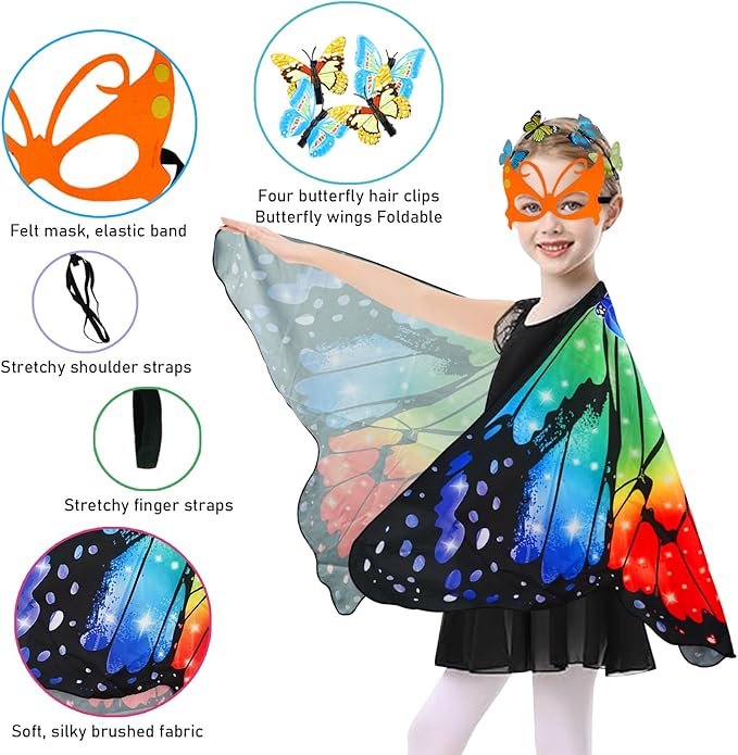 Butterfly Costume for Girls Fairy Wings Kids 4 Pcs(Cape,Skirts,Masks,Hair Clips) Butterfly Wings for Halloween Gifts