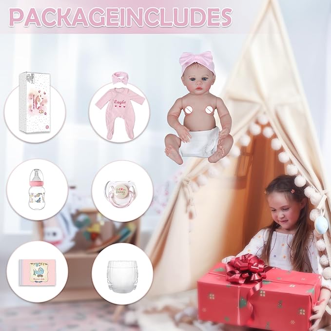 WOOROY Lifelike Reborn Baby Dolls - 18 Inch Silicone Baby Girl Vinyl Body Realistic Newborn Dolls with Open Eyes, Handmade Poseable Real Life Baby Doll, Gift with Doll Accessories for Kids 3+
