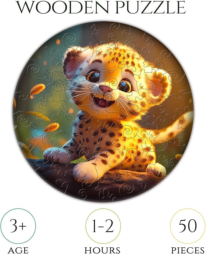 Christmas Birthday Gifts for Kids Girls Boys, Wooden Jigsaw Puzzles for Kids Ages 4-6, 50 Piece Unique Shape Animal Theme Puzzle - Preschool Learning Educational Toys for Kid 3+ (Leopard)