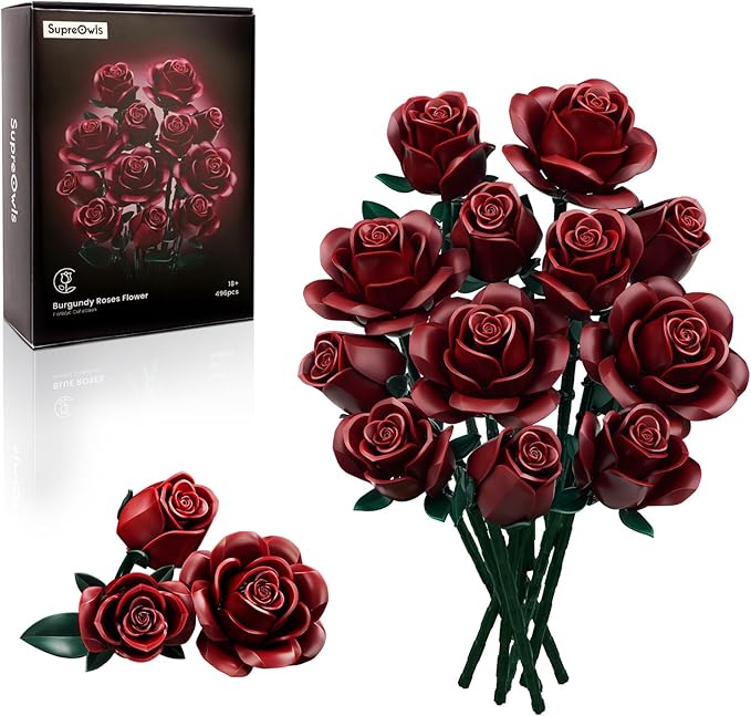 iATOM Burgundy Red Rose Bouquet Building Set, Artificial Flowers Botanical Collection Kit for Adults Women, Halloween & Valentines Gift - Gothic Home Office Table Centerpiece Decor - IA11016