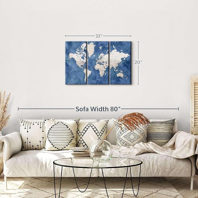 ElephantStock Detailed World Map With Cities I Wall Art - Horizontal Canvas - 3-Piece Living Room Decor - Watercolor Map Canvas Print - Beige and Blue Wall Decor by Blursbyai - 33" X 20"
