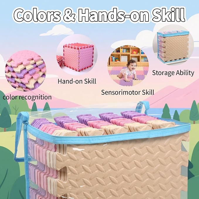 Foam Play Mat for Baby, 0.4 Inch Thicked Interlocking Floor Mats with Solid Colors, Soft Non-Toxic Squares Baby Play Mat, EVA Foam Puzzle Floor Mat for Toddler, 16 Tiles(Pink/Beige/Purple)