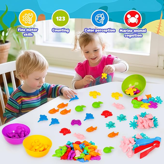 Sorting Colors Sea Animals Counting Toys with Matching Sorting Cups and Game Dices, Color Classification and Sensory Training Preschool Educational Learning Toys for Toddlers Kids Girls Boys Ages 3+