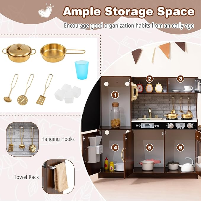 Costzon Kids Kitchen Playset, Wooden Pretend Cooking Toy Set w/Real Sound, Large Blackboard, Telephone, Microwave, Ice Maker, Dishwasher, Oven, Storage Space, Play Kitchen for Kids Ages 3+ (Brown)