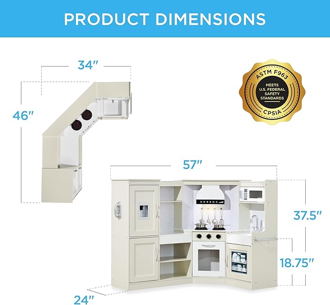 Best Choice Products Pretend Play Corner Kitchen, Ultimate Interactive Wooden Kids Playset w/Lights & Sounds, Ice Maker, Hood - Cream