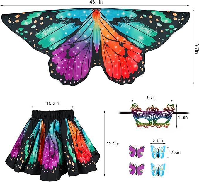 Butterfly Costume for Girls Fairy Wings Kids 4 Pcs(Cape,Skirts,Masks,Hair Clips) Butterfly Wings for Halloween Gifts