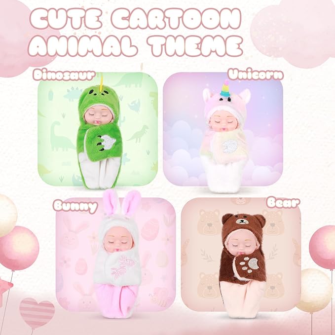 Hanaive 4 Pcs 4 Inch Mini Baby Dolls Lifelike Realistic Baby Dolls Animal Clothes Cute Tiny Gifts for Kids Birthday Party(Kawaii Style)