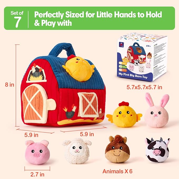 hahaland Baby Toys 6-12 Months - Surprise Barn Stuffed Farm Animals, Rattle, Crinkle, Mirror, Montessori Toys for 6 Month Old Babies Sensory Balls Toddlers 1-3 Gifts Christmas Baby Stocking Stuffers
