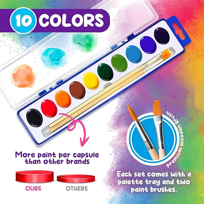 10-Color Water Color Paint Sets for Kids 30 Pack Bulk Watercolor Paint Set Washable Acuarelas Watercolor Palette Mini Paint Sets for Kids Party Favor Classroom Water Paint Kit 2 Wood Brushes Included