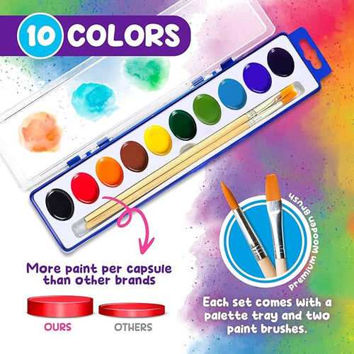 10-Color Water Color Paint Sets for Kids 30 Pack Bulk Watercolor Paint Set Washable Acuarelas Watercolor Palette Mini Paint Sets for Kids Party Favor Classroom Water Paint Kit 2 Wood Brushes Included