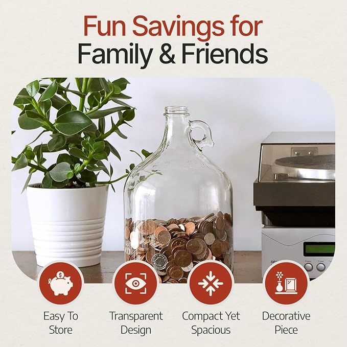 Piggy Bank for Adults - Large Coin Bank Glass Jar - for Saving Money & Small Change - Gallon Jug Made in USA