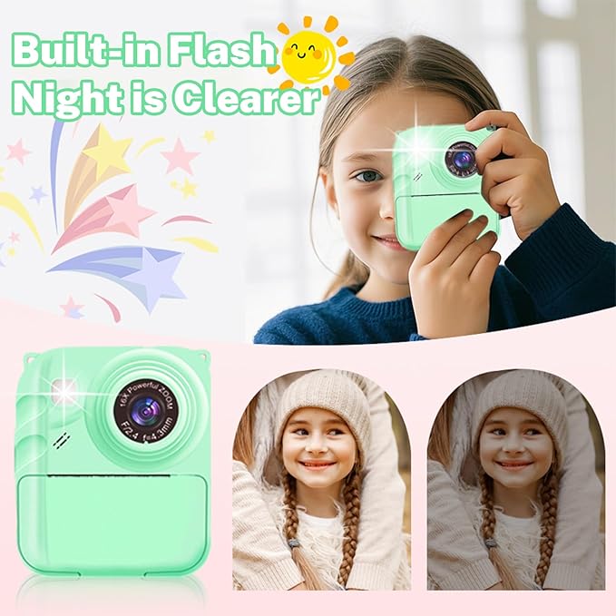 Instant Print Camera for Kids, 1080P Video Camera with 3 Print Rolls, 32GB Card & Cute Cover, Gift for Girls Boys Age 3-12, Toddler Digital Camera with Games, Filters, Music – Green