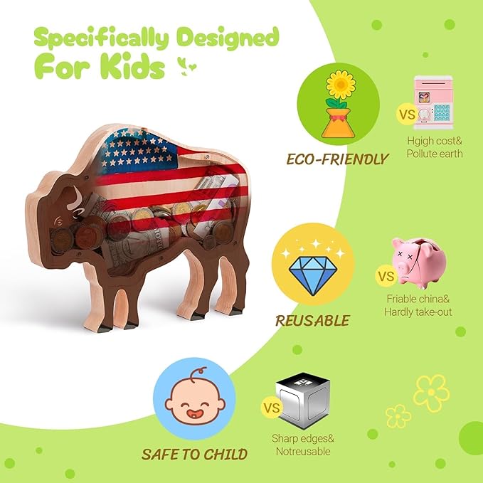 Wooden Bison Piggy Banks for Kids Money Coin Bank, Cute Unbreakable Piggy Bank Kids Safe Money Box, Toddler Birthday Baptism Gifts for Girls Boys Bull Cow Lovers