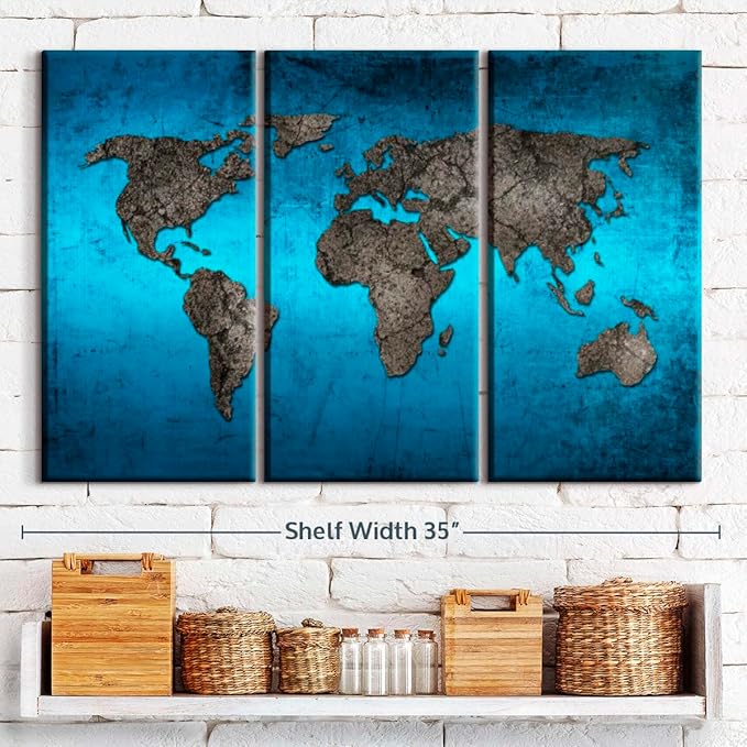 ElephantStock Ocean World Map Multi Piece Canvas - 3 Panel Wall Decor - Map of the World Art - Canvas for the Office and Home - 33" X 20"