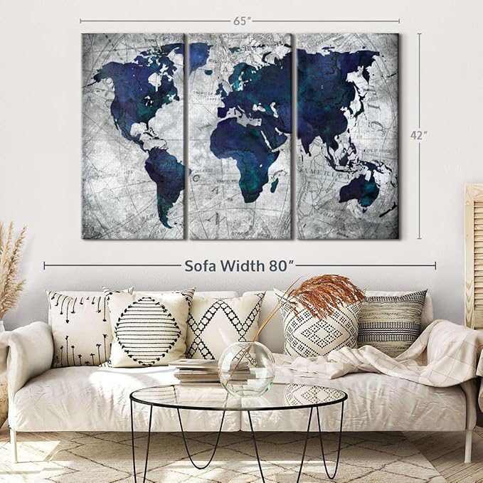 ElephantStock Deep Blue World Map Multi Piece Canvas - 3 Panel Wall Decor - Map of the World Art - Canvas for the Office and Home - 65" X 42"