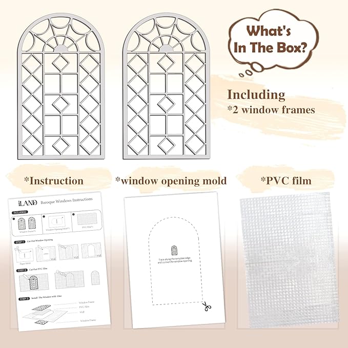 iLAND 1/12 Scale Accessories of Dollhouse Window, Wooden DIY Dollhouse Building Supplies, Complete Miniature Window Kit w/Wooden Frame & Grid Pattern PVC Film