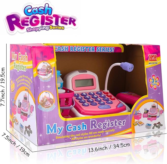 Pretend Play Pink Cash Register Toy - Learn & Play Shopping Kids Toys with Electronic Mic, Scanner, Calculator, Play Food, Fake Money and Basket