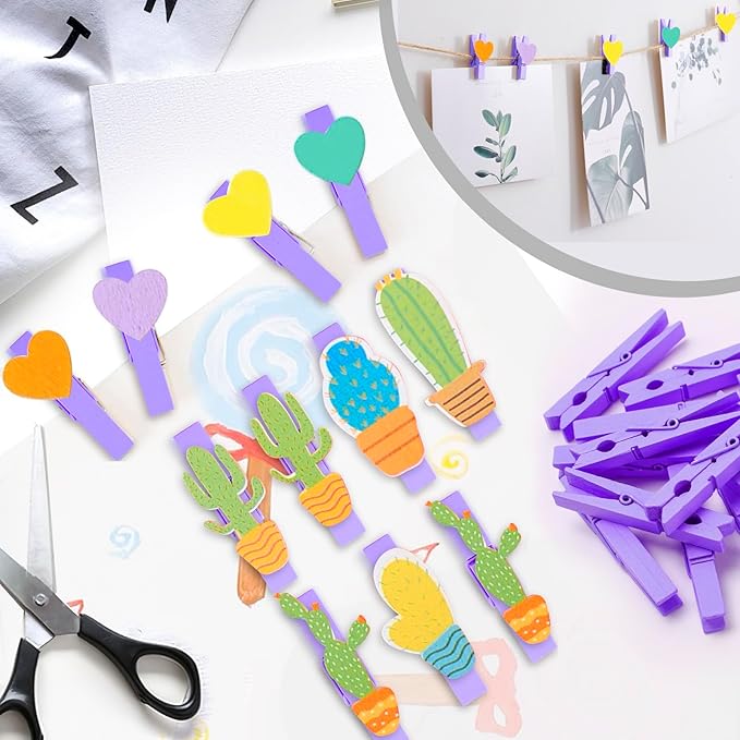50PCS Colored Wooden Clothespins, 2.9inch Purple Clothes Pins for Clip Pictures Photos Decorative, Small Colorful Wood Decoration Closepins Clips