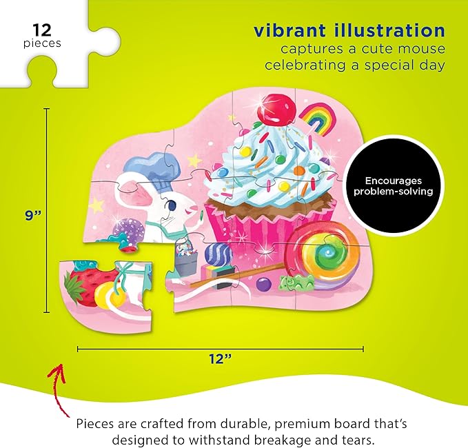 Crocodile Creek 12-Piece Mini Jigsaw Puzzle - Fun Floor Puzzles for Kids Ages 2-4 and Up - Heavy-Duty Shaped Box for Storage - Celebration with Birthday Cupcake and Mouse - 12" x 9" Finished