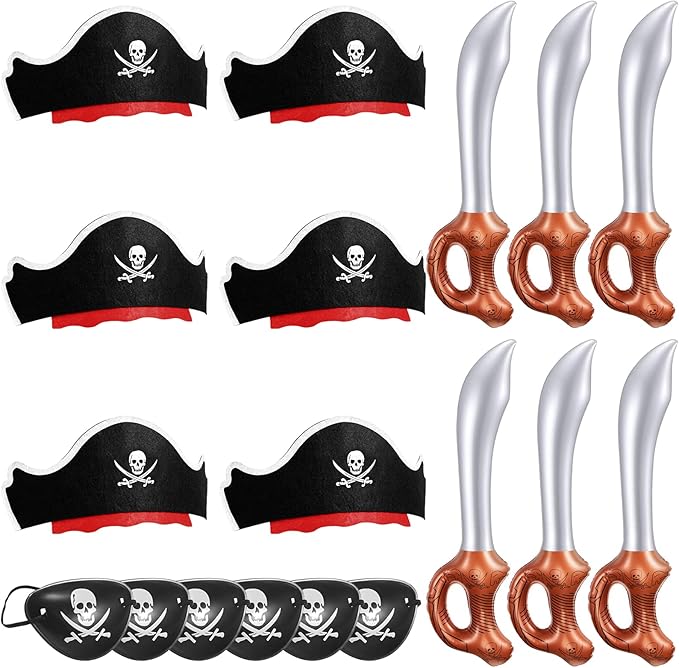Legigo 18 Pcs Funny Pirate Party Set- Include 6 Pirate Hats, 6 Eye Patches, 6 Inflatable Swords for Pirate Party Cosplay Caribbean Dress Accessories