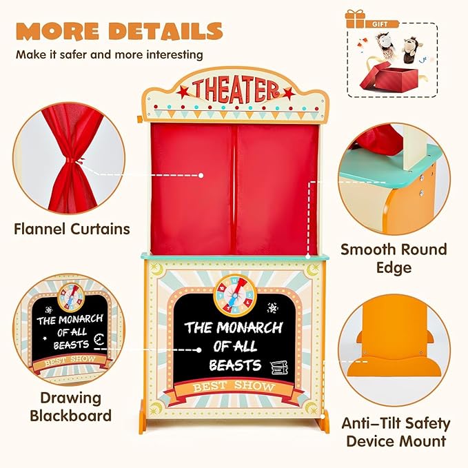labebe - Deluxe Wooden Puppet Theater Bonus 2 Hand Puppet, ﻿2-in-1 Clock Theater Reversible Play Store, Double-Sided Lemonade Stand, Puppet Show Theater Toy with Chalkboard for Kids 36M+