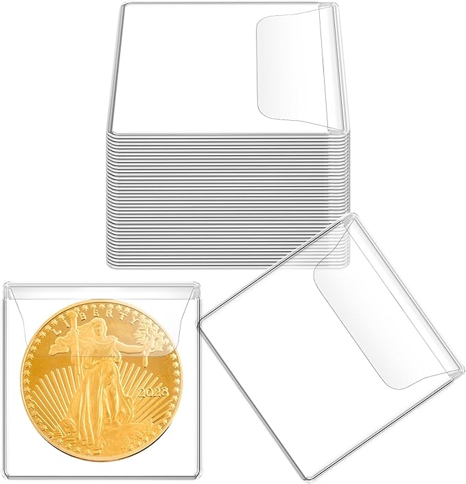 50PCS Single Pocket Coin Sleeves, 2.1 x 2.1 Inches Clear Plastic Coin Holders Individual Coin Protectors Small Pouches for Coin Currency Bills Collectors
