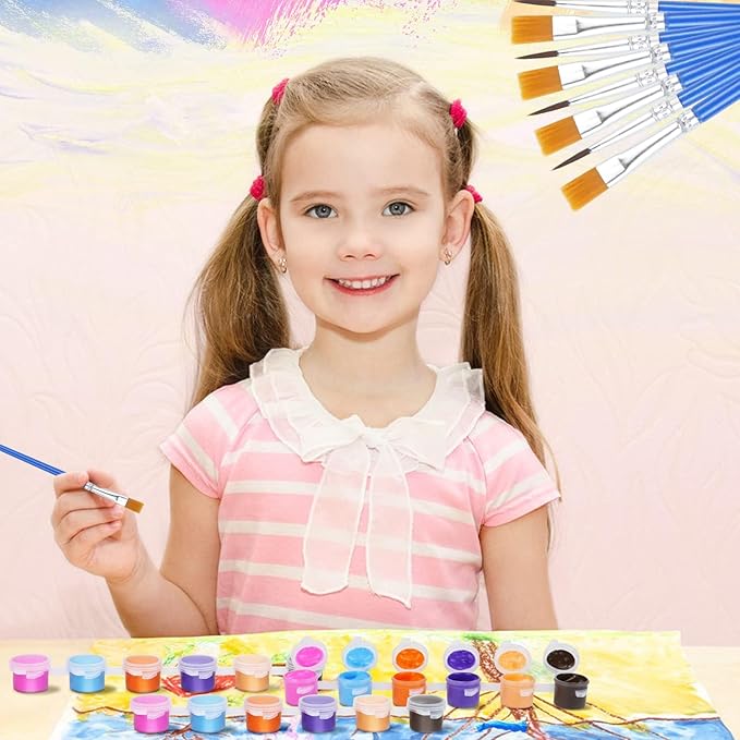 12-Set (168 Pieces Total) Acrylic Washable Paint Kit with 12 Colors and 24 Brushes - Ideal for Home Art Projects, Classroom Activities, and Birthday or Art Parties