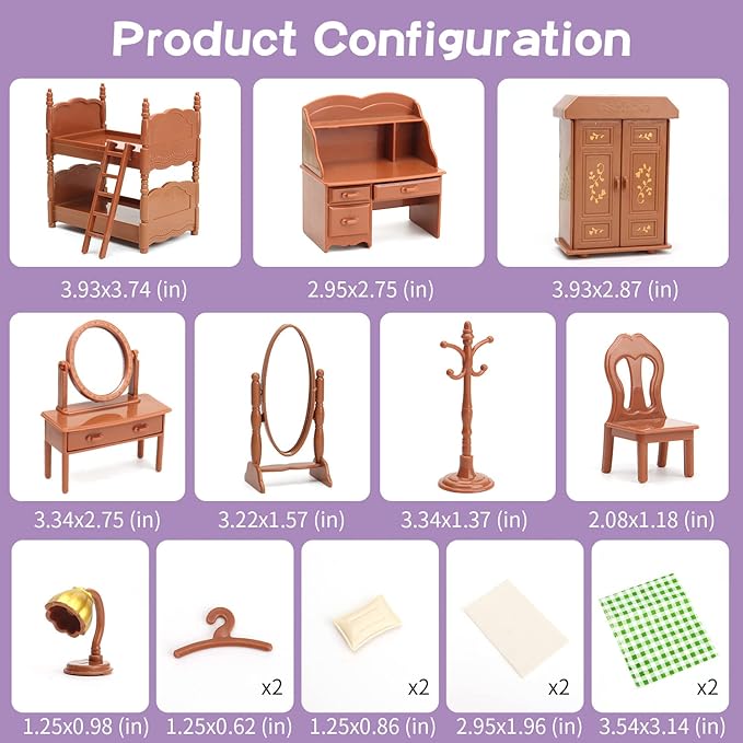 Dollhouse Furniture Set for Kids Toys Miniature Doll House Accessories Pretend Play Toys for Boys Girls & Toddlers Age 3+ with Bedroom