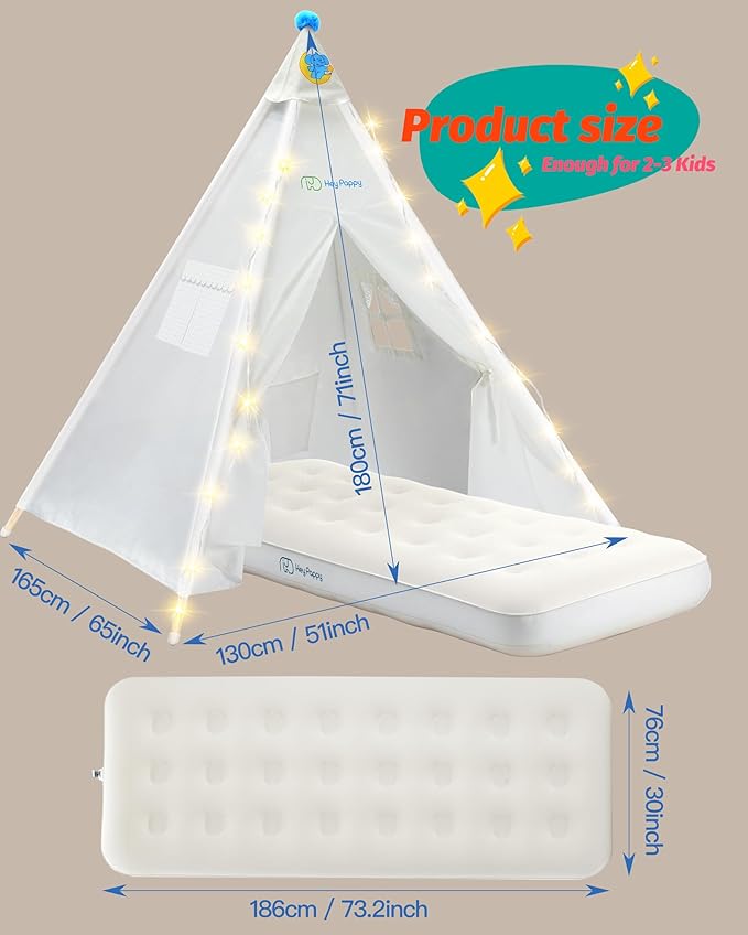 3 Pack Teepee Tent for Kids with Inflatable Airbed, Light, Toddler Tent Children Room Tents, Slumber Party Sleepover Tents, Indoor Outdoor Kids Playtent Playhouse for Girls & Boys