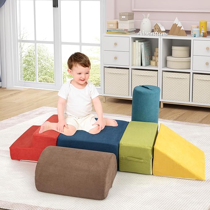 Costzon Toddler Climbing Toys Indoor, 6 Pieces Foam Climbing Blocks for Baby w/Skin-Friendly Chenille Fabric, 30D High-Density Foam & Carrying Handles, Soft Play Climbing for Toddler (Assorted)