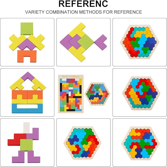 Wooden Puzzle Hexagon Puzzles for Toddlers Tangram Jigsaw Puzzle, Montessori Educational Gift for Kids & Adults