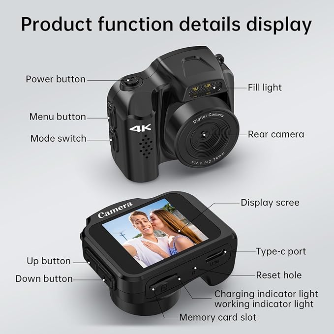 Keychain Camera, 4K 64MP Pocket Retro Nostalgia Video Camera for Teenagers, Children, and Photography with LED Light and 32G Micro SD Card (Black)