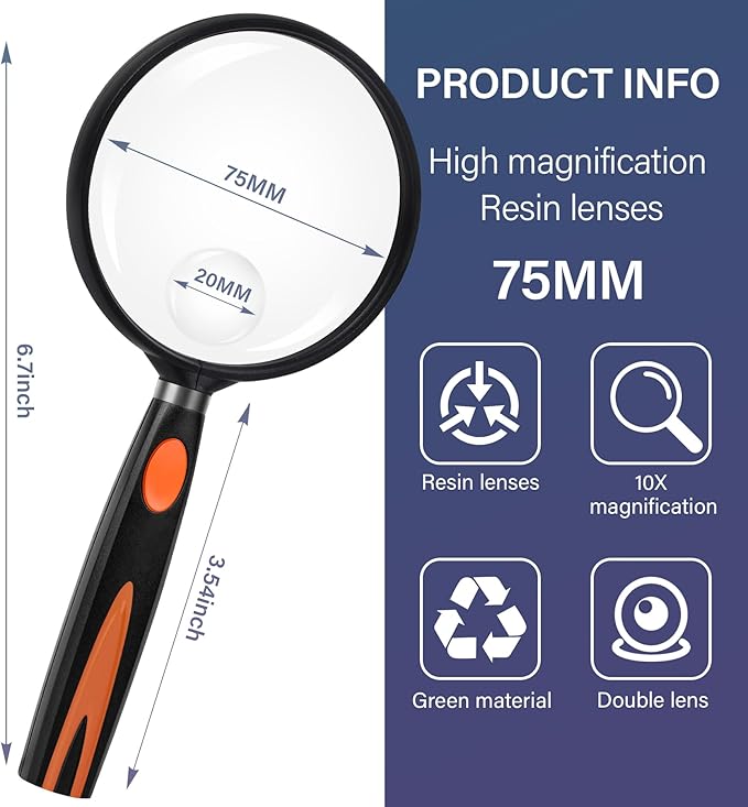 Feosky Handheld Reading Magnifier, 10X 30X Magnifier, 75mm Shatterproof Lens, Non-Slip Handle for Adults Close Work, Seniors Reading and Kids Nature Exploration, Hobby Observation(Orange/Black)