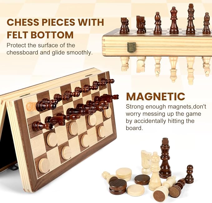 LEAP Magnetic Wooden Chess Sets 15.5 inch Foldable Chess Board 3 inch King Height Chess Pieces, Upper Checker Storage Slots for Beginer, Adults