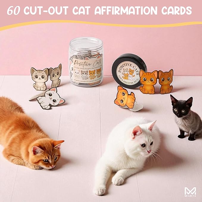 Positive Cats Jar – 60 Affirmation Cards for Anxiety & Self Care, Cute Cat Gifts for Women, Teens & Men, Mental Health & Stress Relief Support Gifts, Cats Themed Gift