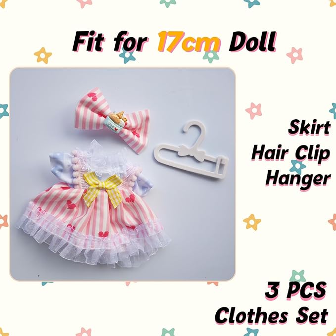 17cm Doll Clothes Set, Cute Girls Doll Outfits Set , 3 PCS Pink Love Princess Dress Outfits Exquisite Accessories