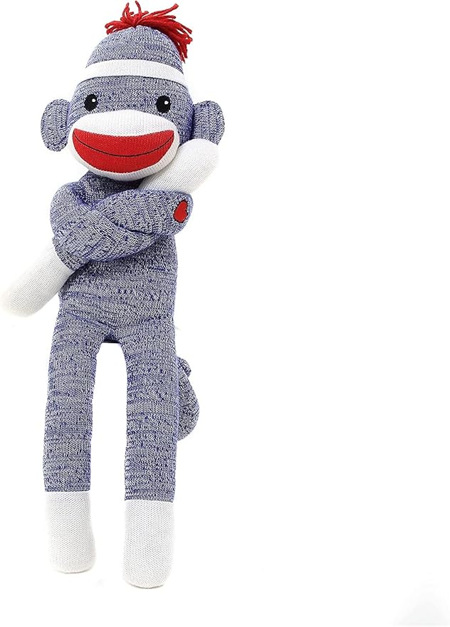Adorable Sock Monkey, The Original Traditional Hand Knitted Stuffed Animal Toy Gift-for Kids, Babies, Teens, Girls and Boys Baby Doll Present Puppet (20" Blue)