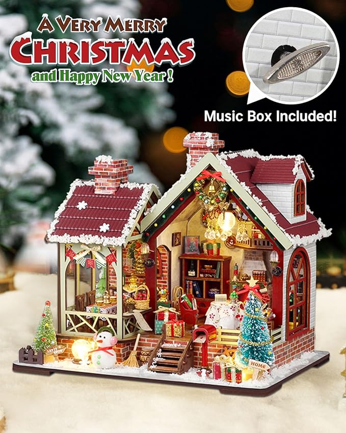 Miniature House Kit – Warm Christmas Lodge, DIY Wooden Dollhouse with LED & Music Box, Tiny House Craft Gift for Teens Families Friends