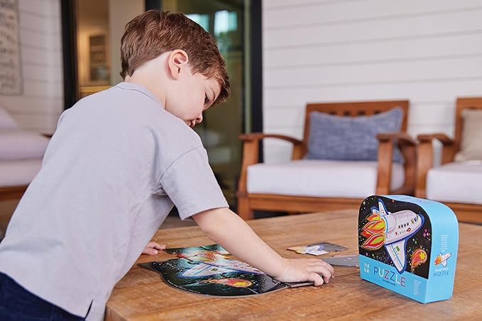 Crocodile Creek 12-Piece Mini Jigsaw Puzzle - Fun Floor Puzzles for Kids Ages 2-4 and Up - Heavy-Duty Shaped Box for Storage - Blast Off - 12" x 9" Finished