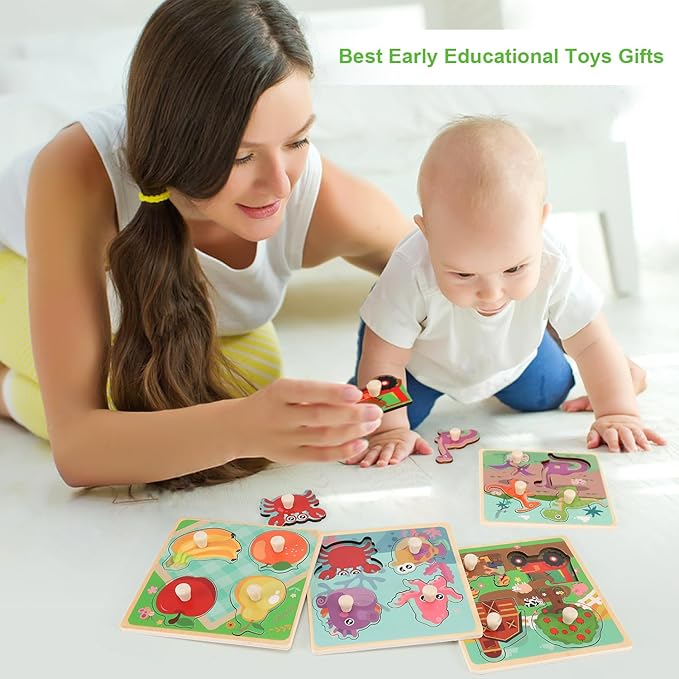 Wooden Peg Puzzles for Toddlers 1-3, Kids' Educational Preschool Peg Puzzle Toy, Set of 4 Toddler Puzzles - Farm, Dinosaur, Fruit and Marine Animals, Ideal Gift for Ages 1 2 3 Boys and Girls