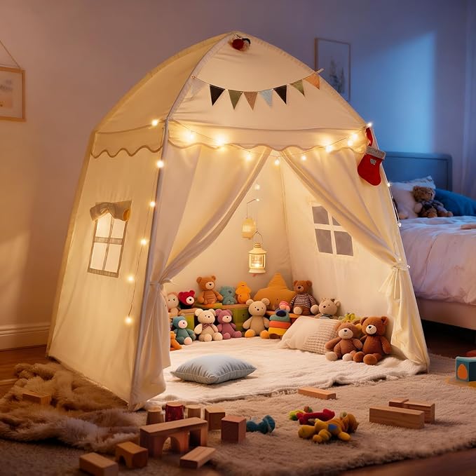 Kids Play Tent with Padded Mat Lights - Large Teepee 59x39x59in with Christmas Decor Kit Storage Bag Flag- Private Space for Reading - Birthday Gift for Boys Girls Ages 3-12