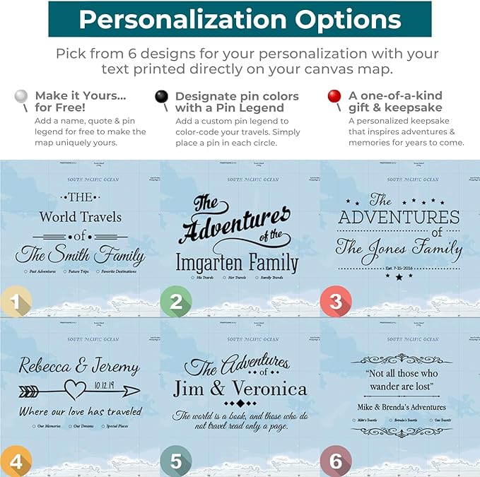 Personalized Canvas World Map Pin Board Wall Art with Pins – Large 24" x 36" Blue Oceans Map of the World with Black Frame – Push Pin Travel Decor for Home or Office