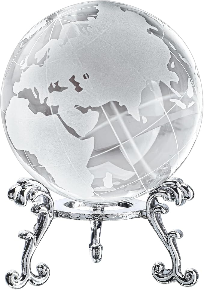 60mm World Globe Crystal Earth Ball Paperweight with Stand Glass Sphere Display Globe Ball Christmas Decor for Home Office Desk